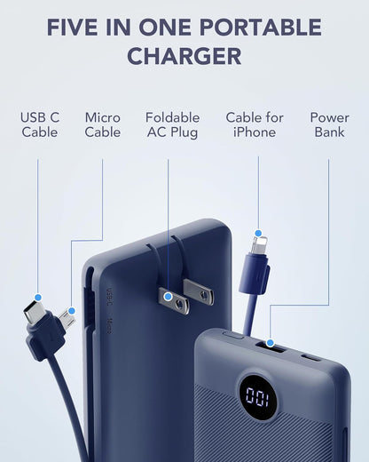 VRURC Portable Charger Built-in Cables and AC Wall Plug, USB C Power Bank 10000mAh, Travel Battery Portable Phone Charger Compact Lightweight External Battery Pack for Smart Phones, Tablets etc-Navy