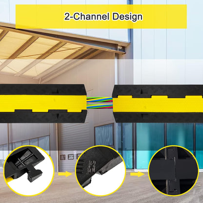 CXRCY Cable Ramp 4 Pack 2 Channel 11000lbs axle Capacity Floor Cable Cord Protector, Black & Yellow Speed Bumps Hose Protector Ramps for Wire/Hose/Pipe Hider Driveway &Outdoor 40x10x2 inch(L x W x H)