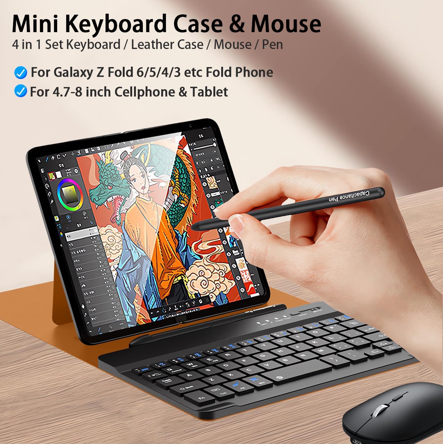 for Samsung Galaxy Z Fold 7 6 5 Keyboard and Mouse, Portable Mini 7.9inch Bluetooth Keyboard with Leather Case and Capacitive Pen, 4 in 1 Set for Z Fold7 6 Accessories