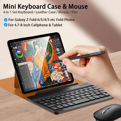 for Samsung Galaxy Z Fold 7 6 5 Keyboard and Mouse, Portable Mini 7.9inch Bluetooth Keyboard with Leather Case and Capacitive Pen, 4 in 1 Set for Z Fold7 6 Accessories