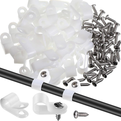 Hicarer 50 Pack R-Type Cable Clip Wire Clamp, Nylon Screw Mounting Cord Fastener Clips with 50 Pack Screws for Wire Management (White,3/8inch)