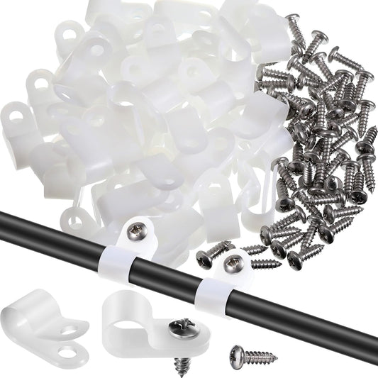 Hicarer 50 Pack R-Type Cable Clip Wire Clamp, Nylon Screw Mounting Cord Fastener Clips with 50 Pack Screws for Wire Management (White,3/8inch)