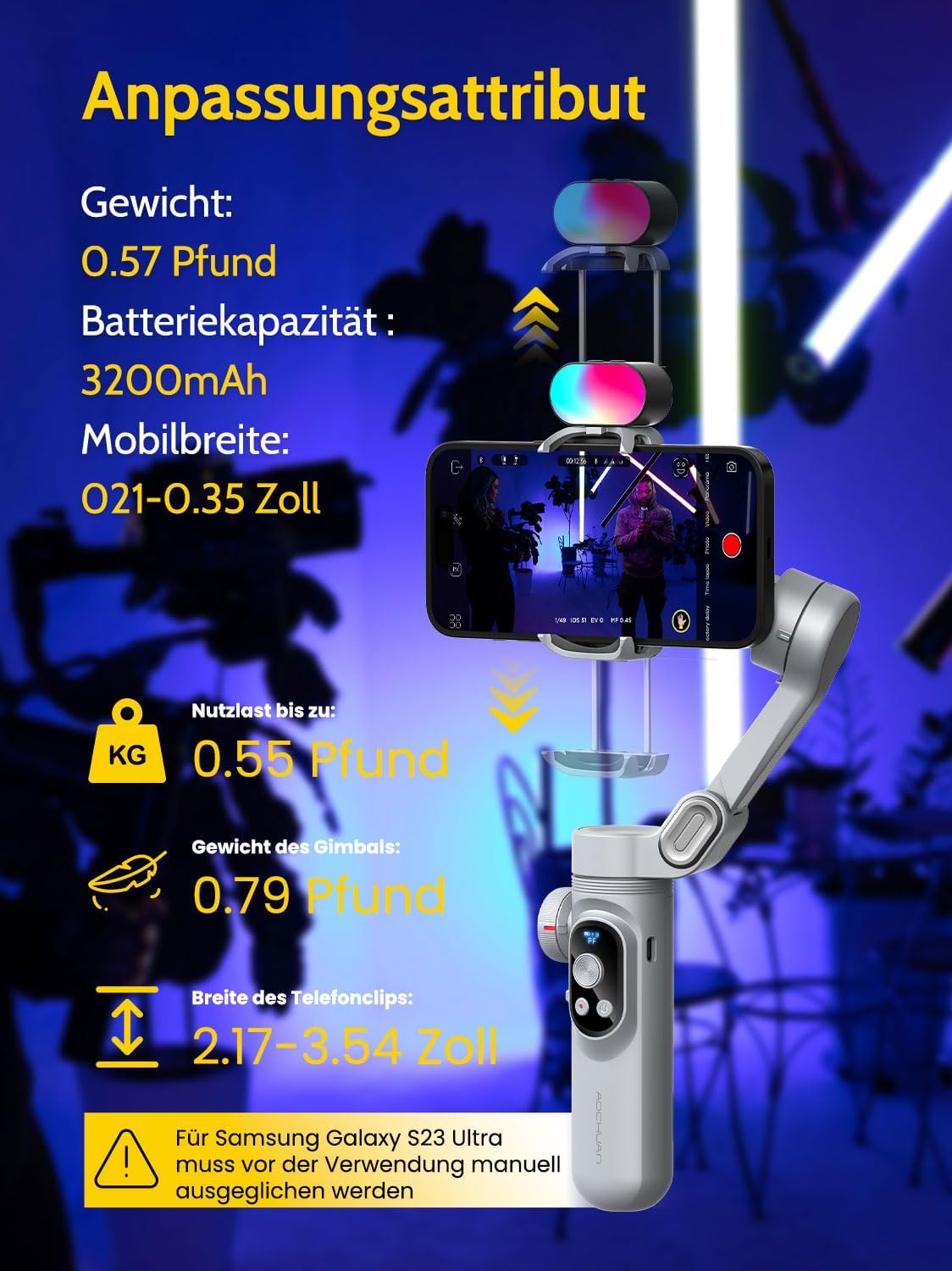 Gimbal Stabilizer for Smartphone,RGB Magnetic Refill Light Set,OLED Display LED Light Focus Wheel, Professional 3-axis stabilizer for Android &iPhone, AOCHUAN XPRO KIT Grey