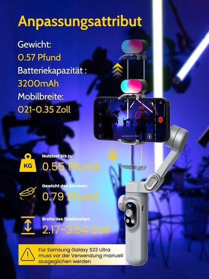 Gimbal Stabilizer for Smartphone,RGB Magnetic Refill Light Set,OLED Display LED Light Focus Wheel, Professional 3-axis stabilizer for Android &iPhone, AOCHUAN XPRO KIT Grey