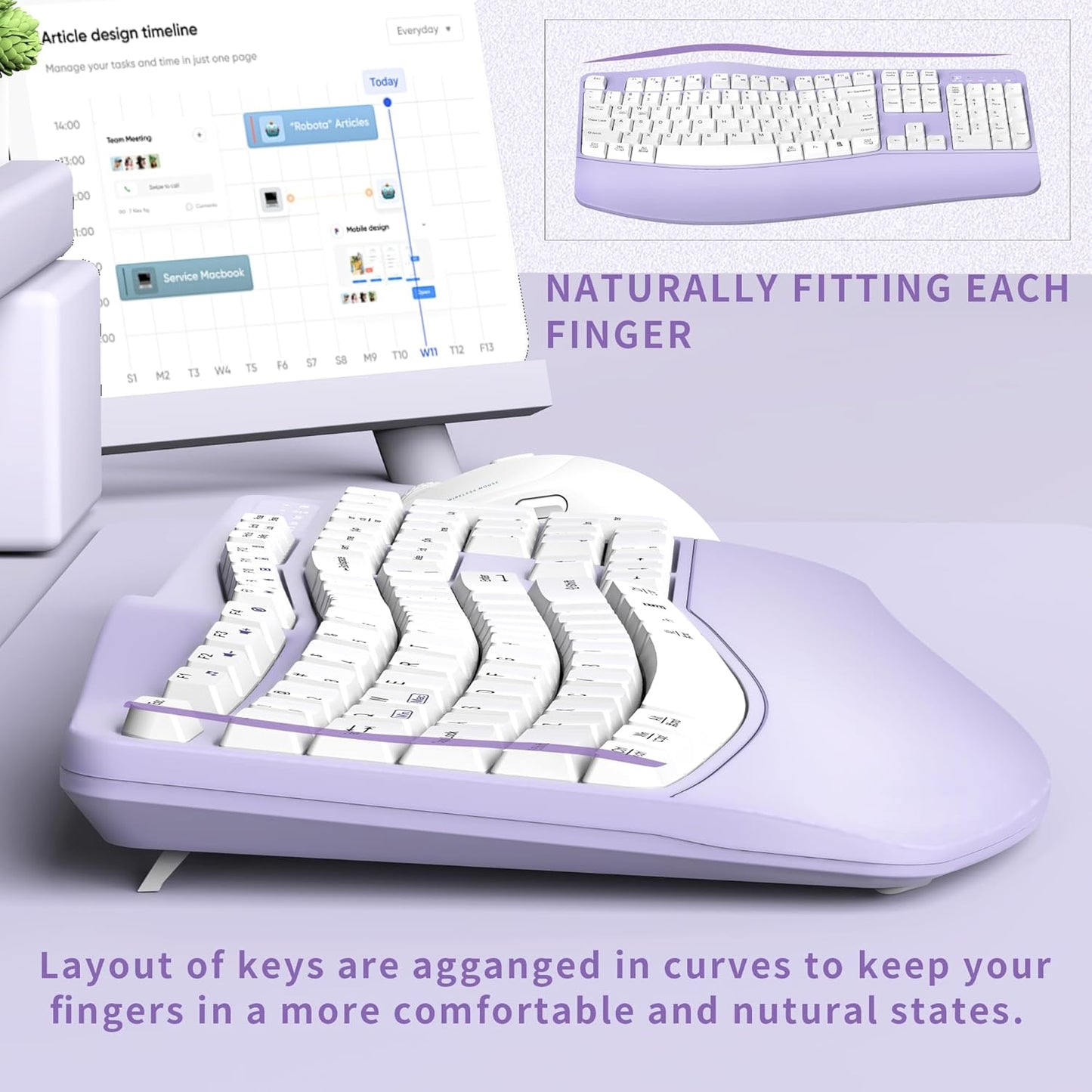 Ergonomic Wireless Keyboard and Mouse Combo, Wave Keys Keyboard with Wrist Rest for Natural Typing, 3 DPI Adjustable Ergonomic Silent Mouse for Computer/Laptop/Windows/Mac (Purple)