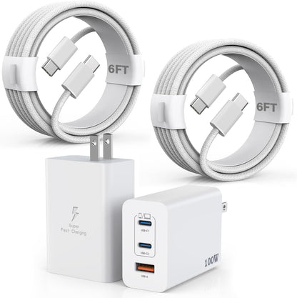 100W USB C Charger, 2Pack 140W USB C to C Woven Cable 6FT Braided Cord 100W Type C MacBook Pro Charger Block 6Foot Super Fast Phone Charging 3 Port PD & AC Charge for MacBook Pro/iPhone 16/15/iPad Pro