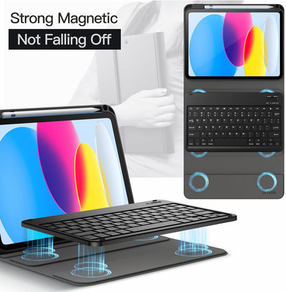 JETech Keyboard Case for iPad (A16) 11th/10th Generation (2025/2022) with Pencil Holder, Magnetic Detachable Bluetooth Wireless Keyboard, Soft TPU Back Stand Cover (Black)