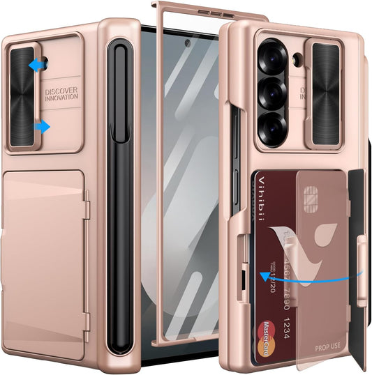 Vihibii for Samsung Galaxy Z Fold 6 Case with S Pen Holder & Card Holder & Slide Camera Cover & Screen Protector & Hinge Protection, Full Cover Shockproof Wallet Phone Case for Z Fold 6 5G, Rose Gold