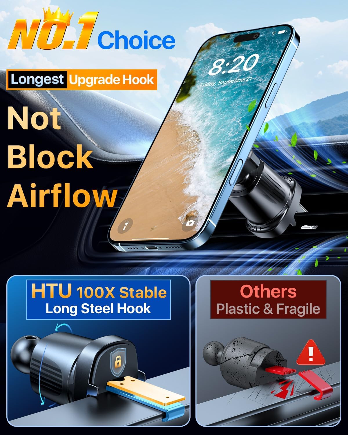 HTU for MagSafe Car Phone Mount Magnetic Phone Holder for Windshield Vent Dashboard Magnetic Suction Phone Mount for iPhone 16/15/14/13/12 & Android (Navy Blue)