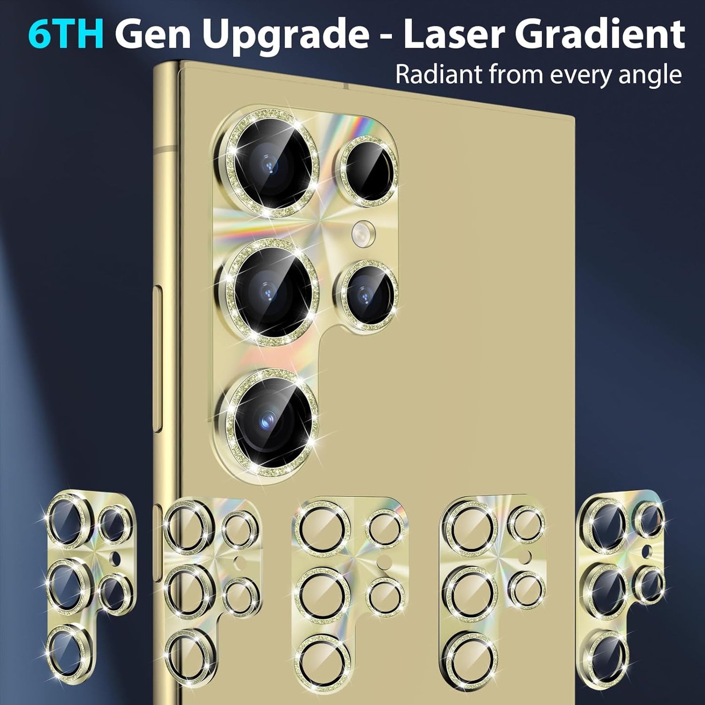 YWXTW Camera Lens Protector for Samsung Galaxy S24 Ultra, [Lithography Laser Gradient] [5X Strengthen] Bling Glitter Tempered Glass Screen Protector Metal Ring Camera Lens Cover (Titanium Yellow)