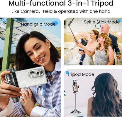 Mini Tripod with Dual Fill Lights, Portable Selfie Stick with Wireless Remote, Pocket Size Phone Tripod with Cold Shoe for iPhone/Android, Vlogging & Live Streaming（Black）