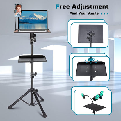 Lusweimi Projector Tripod Stand, 50” Laptop Stand with 2 Shelves for Projector, iPad, DJ Equipment, Portable Adjustable Floor Stand with Gooseneck Phone Holder for Office, Home, Stage or Studio