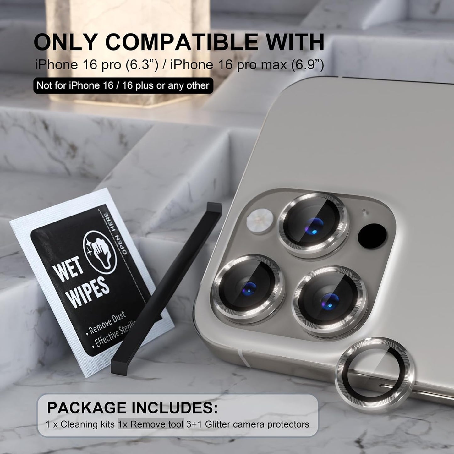 Choiche Compatible for iPhone 16 Pro/iPhone 16 Pro Max Camera Lens Protector, 9H Tempered Glass Camera Cover Screen Protector Metal Ring Decoration Accessories (Titanium Natural)