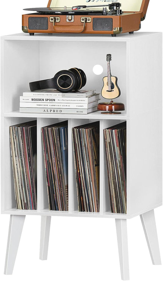 Lerliuo Record Player Stand, White Turntable Stand Holds up to 160 Albums, Mid-Century Vinyl Storage Cabinet Table with Solid Wood Legs, Record Player Holder Dispaly Shelf for Bedroom Living Room