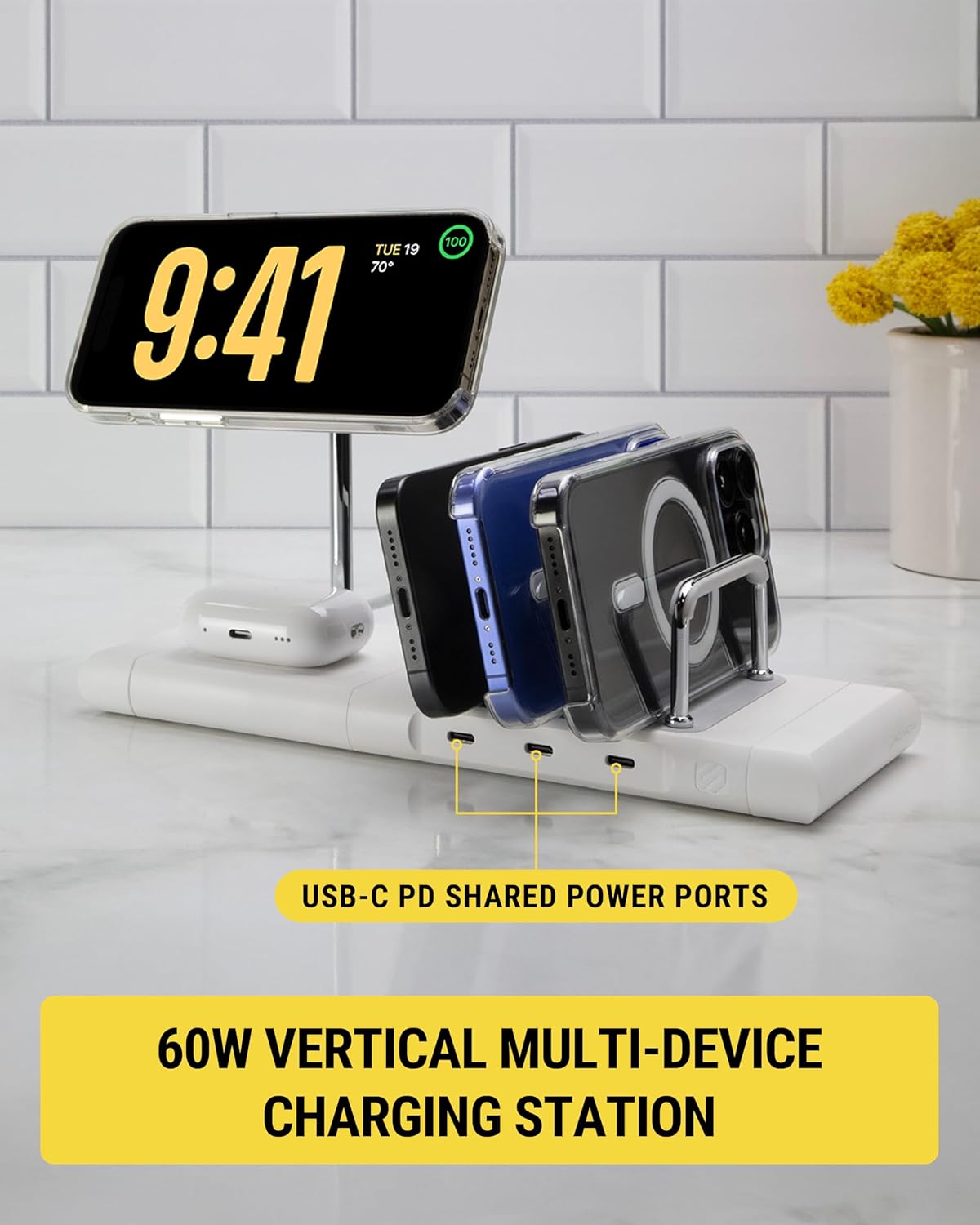 Scosche BaseLynx 2.0 Modular Charging Station with 15W MagSafe Wireless Charger Stand, 5W Charging Pad for AirPods Pro and 3 Port 60W USB-C Multi Device Fast Phone Charger Compatible with Apple iPhone