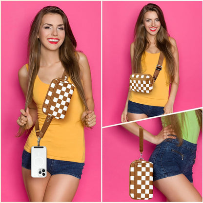 Clip and Go Strap for Phone with Wallet Crossbody, Adjustable Phone Lanyard with Detachable RFID Wristlet Wallet, Phone Strap with Phone Tabs for All Phones, Bronze Checkered (L)