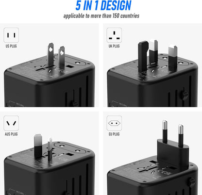Universal Travel Adapter, VYLEE 5 in 1 International Power Adapter, 3.5A 2xUSB-A and 2xUSB C Wall Charger, Worldwide Travel Essentials Plug for Europe USA UK AUS Asia (Black Grey)