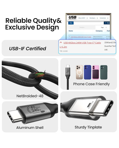 Silkland USB 4 Cable for Thunderbolt 4 Cable 4FT, 40Gbps Data Sync, 8K/6K@60Hz, 240W Charging, [USB-IF Certified] USB C to USB C Thunderbolt Cable, Compatible for MacBook, SSD, Docking, iPhone 16,eGPU