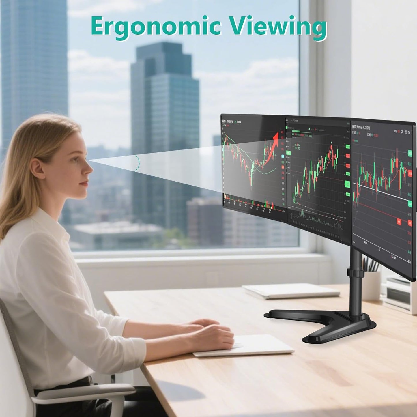 WALI Free Standing Triple Monitor Mount, Heavy Duty Triple Monitors Stand for 13-27 inch Screens, Adjustable 3 Monitor Arm Desk Mount with Swivel, Tilt, Rotation, Grommet Base (MF003N), Black