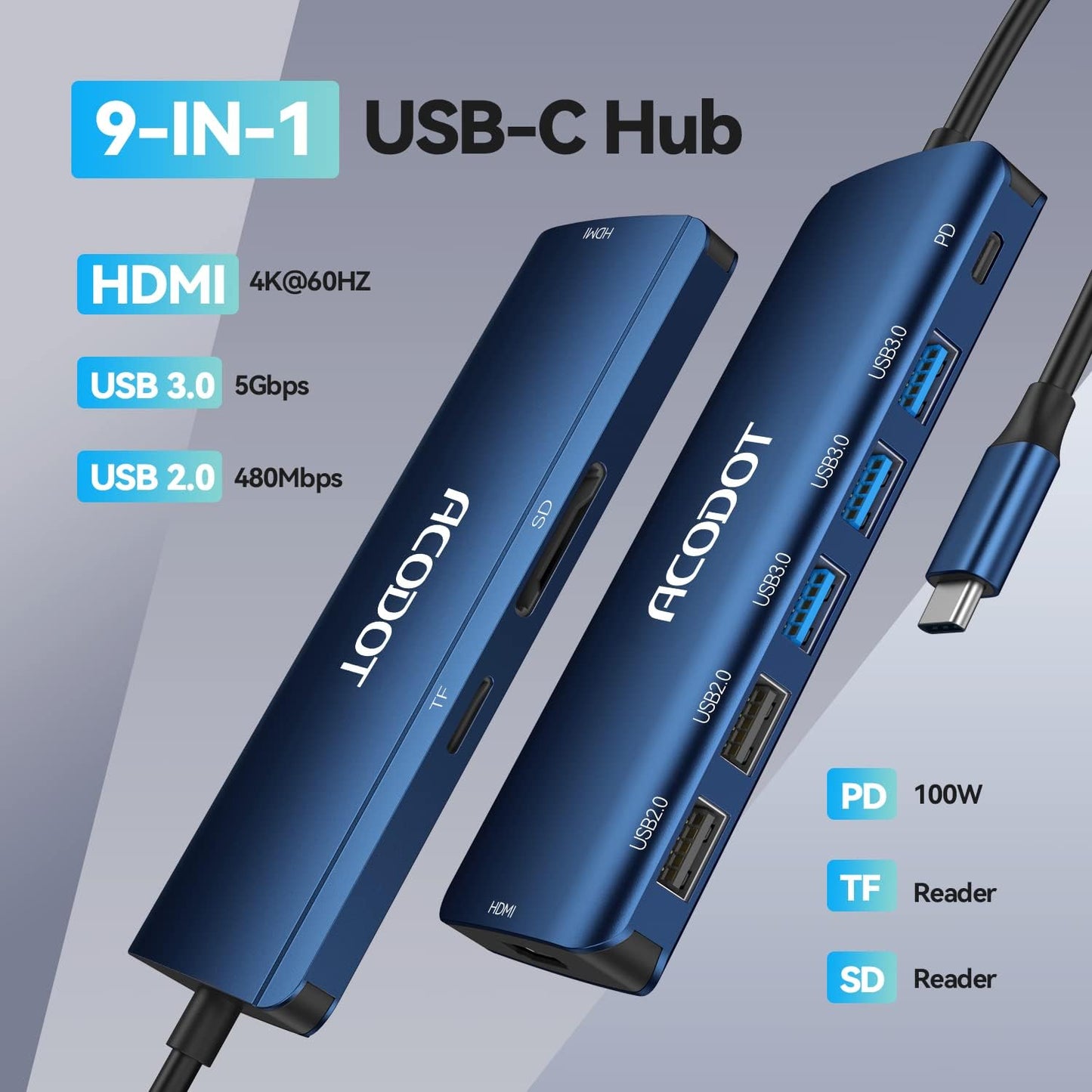 Acodot 9 in 1 USB C to 4K@60HZ HDMI Multiport Adapter, 3 USB 3.0 Ports, SD/TF Card Reader, 100W PD, Designed for MacBook Pro Air HP XPS etc, Blue