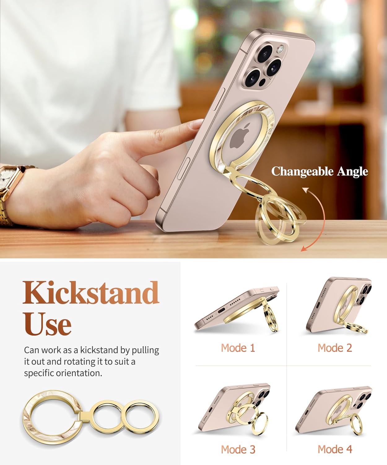 GVIEWIN Magnetic Phone Ring Holder, Compatible with MagSafe Phone Grip with Adjustable Stand, Magnet Phone Ring Kickstand for iPhone 16 Pro Max/Plus/15/14/13/12 Series/Other Phones (Topaz/Gold)