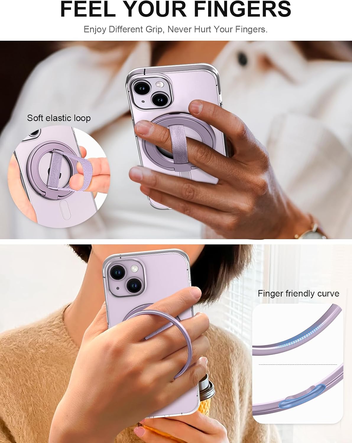 EWA MagOne Ultra Phone Grip Stand with Replaceable Elastic Finger Loop, Removable Magnetic Ring Holder Kickstand Loop, Accessories for iPhone 16, 15, 14, 13 Pro/Max/Plus (Purple)