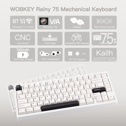 KEEBMONKEY WOBKEY Rainy 75 CNC Aluminum HMX/JWK/Cocoa Switches Triple-Mode Connectivity Mechanical Keyboard with Superior Acoustics, RGB/FR4/Silver SUS304/7000mAh/Cocoa Switch (Pro - Luna)
