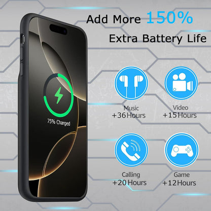 Battery Case for iPhone 16 Pro Max, Upgraded 12000mAh Rechargeable Portable Extended Battery Pack Supported Qi Wireless Charging Case Compatible with iPhone 16 Pro Max (6.9 inch) Charger Cover (Black)