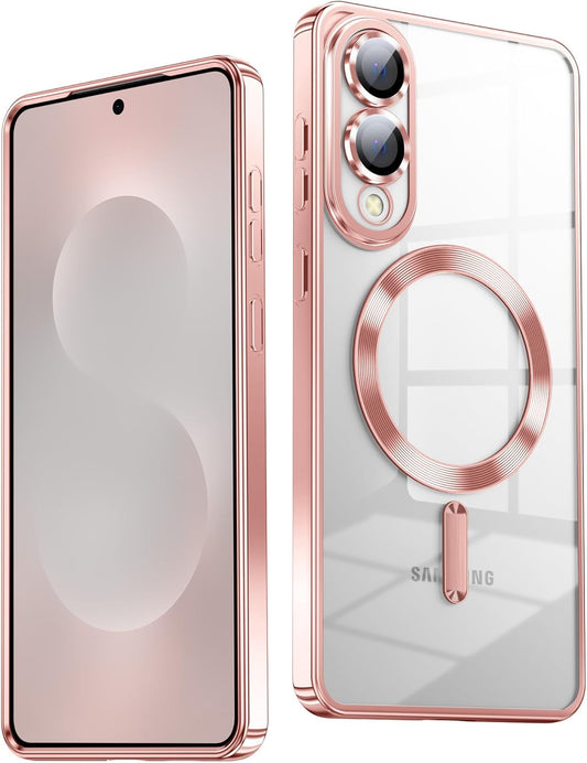 Slim Thin for Samsung Galaxy S25 Edge Case, Compatible with MagSafe, Built-in Camera Lens Protector, Shockproof Protective Phone Case, Soft Electroplated Clear Cover, Rose Gold