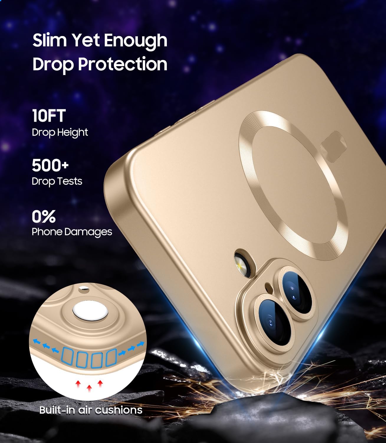 Magnetic for iPhone 16 Case [Compatible with MagSafe][Built-in Camera Lens Protector] Slim Soft Silicone Bumper Shockproof Metallic Luster Phone Case (Gold)