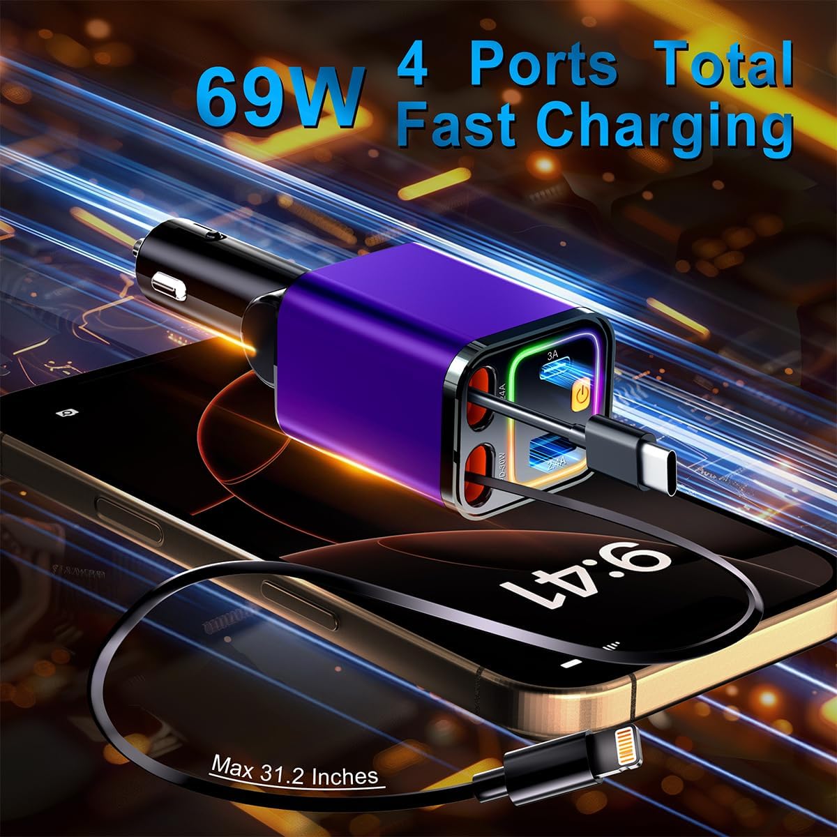 [2025 Mirco-Version] 4 in 1 Retractable Car Charger,69W Car Charger USB C,Cigarette Lighter Adapter,Fast Charging for iPhone 16e/16/15/14,13,Android (Purple, for Lightning+USB-C)