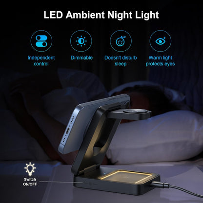 3 in 1 Charging Station for Multiple Devices Apple Compatible with Magsafe Charger Stand, 15W Foldable Cube Wireless Charger for 16/15/14/13/12 Series, Apple Watch, Airpod