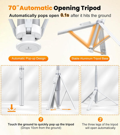 TONEOF 70" Automatic Tripod,Auto-Open Phone Stand with Magnetic Rechargable Remote,Selfie Stick 360° Vertical & Horizontal Rotatable,Stable Travel Tripod for iPhone/Android(White)