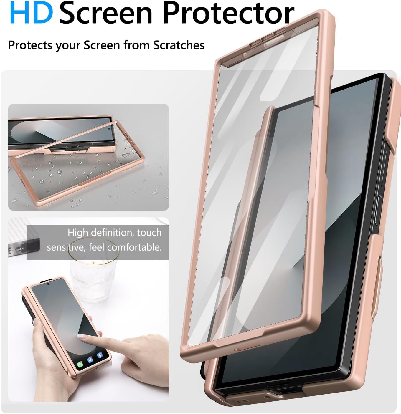 Vihibii for Samsung Galaxy Z Fold 6 Case with S Pen Holder & Card Holder & Slide Camera Cover & Screen Protector & Hinge Protection, Full Cover Shockproof Wallet Phone Case for Z Fold 6 5G, Rose Gold