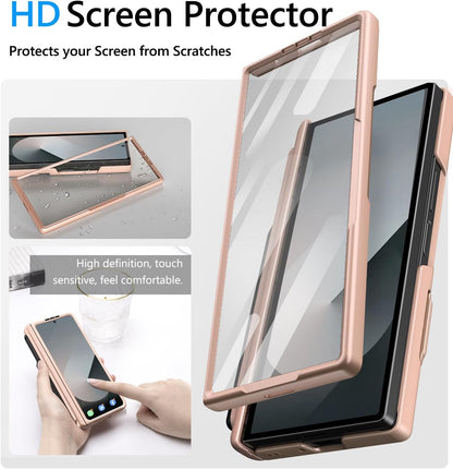 Vihibii for Samsung Galaxy Z Fold 6 Case with S Pen Holder & Card Holder & Slide Camera Cover & Screen Protector & Hinge Protection, Full Cover Shockproof Wallet Phone Case for Z Fold 6 5G, Rose Gold