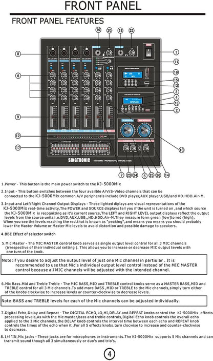 Singtronic KJ-5000Mix Professional Karaoke Console Mixer | HDMI ARC, Optical, Bluetooth, USB Recording, 8-Band EQ, Anti-Feedback, BBE DSP Processor, Rack-Mountable DJ/KJ Mixer