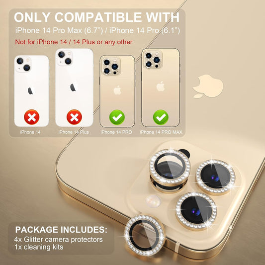 Choiche [3+1 for iPhone 14 Pro/iPhone 14 Pro Max Camera Lens Protector Bling, 9H Tempered Glass Camera Cover Screen Protector Metal Ring Decoration Accessories (Diamond-Gold)