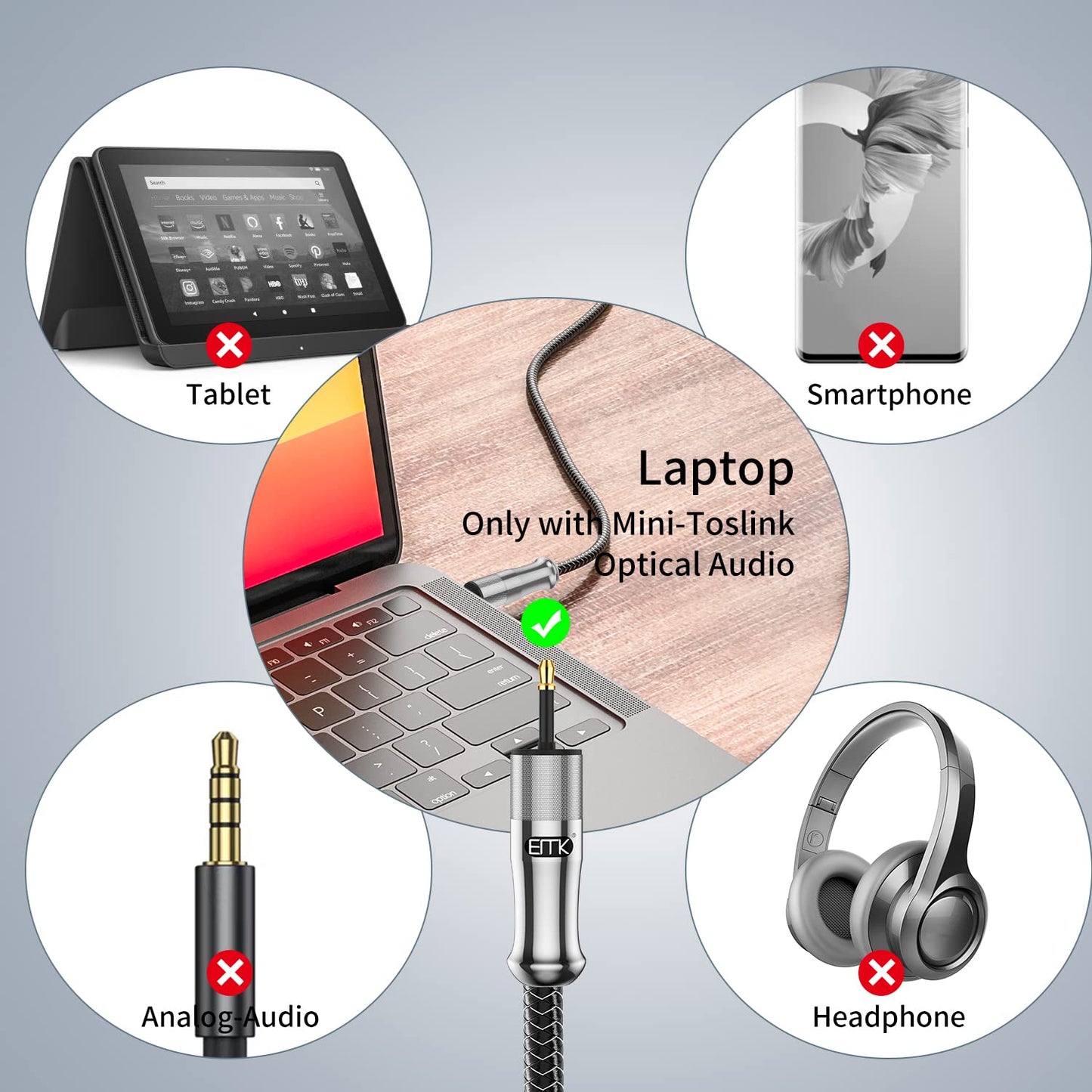 EMK 24K Gold-Plated Toslink to Mini Toslink Cable (20ft/6M) - Digital Optical Audio Cable with 3.5mm Mini Plug for Soundbar, Home Theater, TV - Silver SPDIF Fiber Optic Cord