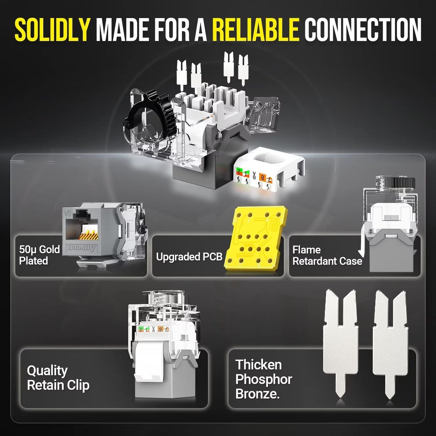 AMPCOM CAT6A UTP RJ45 Keystone Jack 50u Gold Plating Reusable Ethernet Wall Jack with Adjustable Ratchet Lock (No Tool and Zip Tie Required) - Gray (12-Pack)