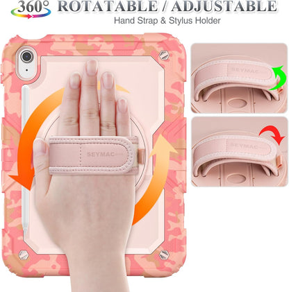 SEYMAC stock Case for iPad (A16) 11th/10th Generation 11''/10.9'' 2025/2022, Full-Body Drop Protection Case with Screen Protector &360° Rotate Hand Strap/Stand, Camo Pink