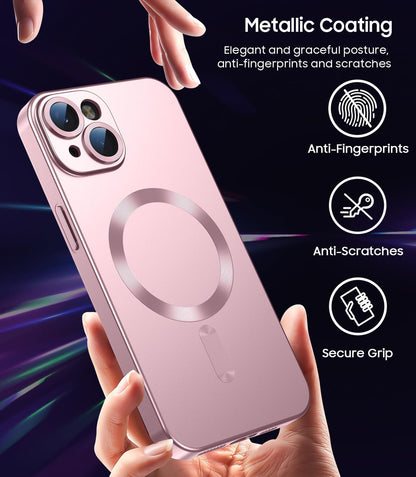 Magnetic for iPhone 13 Case [Compatible with MagSafe][Built-in Camera Lens Protector] Slim Soft Silicone Bumper Shockproof Metallic Luster Phone Case (Rose Gold)