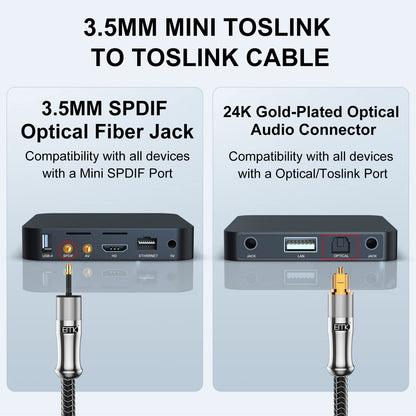 EMK 24K Gold-Plated Toslink to Mini Toslink Cable (30ft/10M) - Digital Optical Audio Cable with 3.5mm Mini Plug for Soundbar, Home Theater, TV - Silver SPDIF Fiber Optic Cable