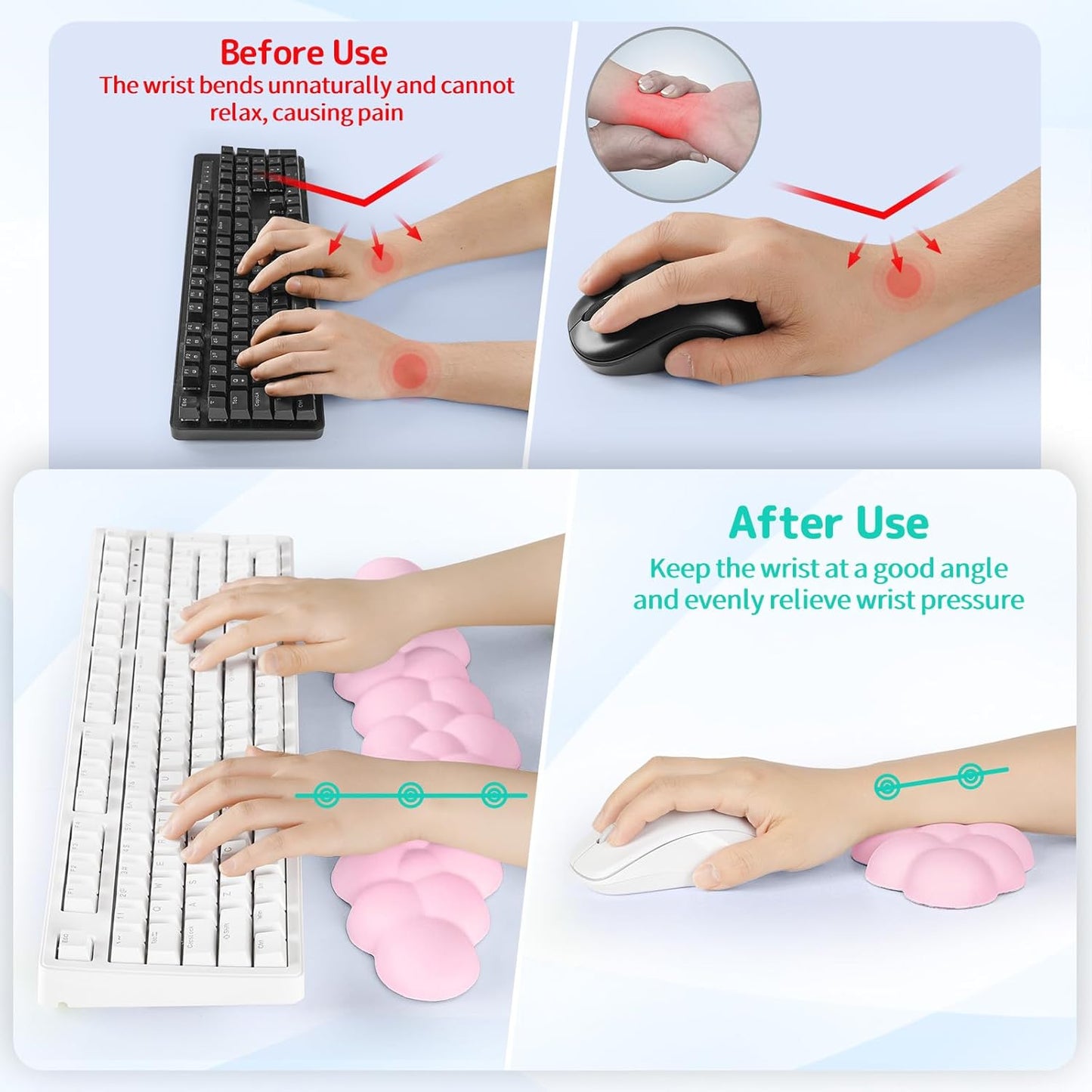 Cloud Wrist Rest for Keyboard and Mouse, Memory Foam PU Leather Keyboard Wrist Rest with Ergonomic Support, Non-Slip Base, Cute Arm Rest Pad & Palm Cushion, Office Desk Accessory, Pink