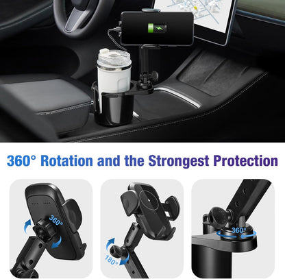 This Hill Cup Holder Phone Charger, 15W Fast Charging Auto Clamping, Phone Holder for Cup Holder Charger with Adjustable Base & 360° Rotation Compatible for All Smartphones(with Car Adapter)