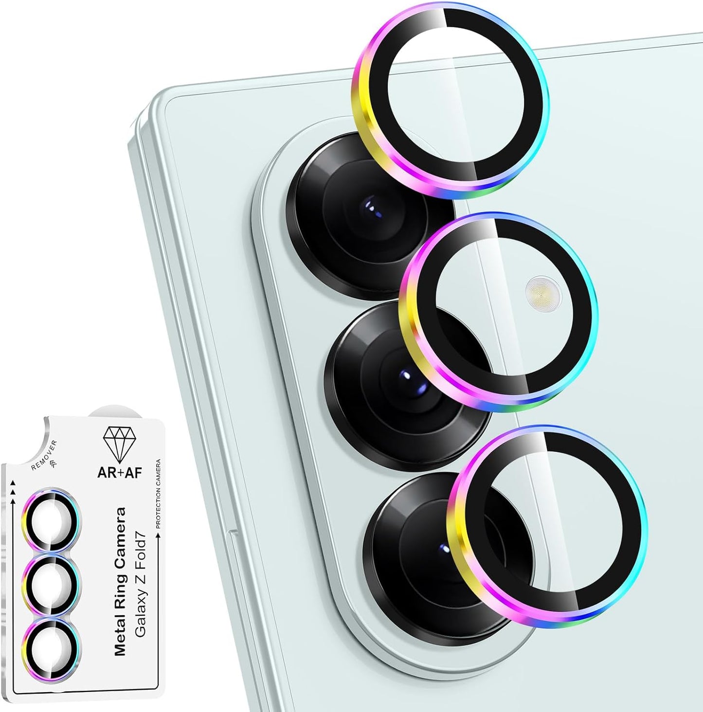 for Samsung Galaxy Z Fold 7 Camera Lens Protector, Individual Metal Ring Tempered Glass Lens Cover, [Strong Adsorption] Scratch Resistant Ultra-Thin HD Clear Lens Cover, 1 Set-Colorful Ring