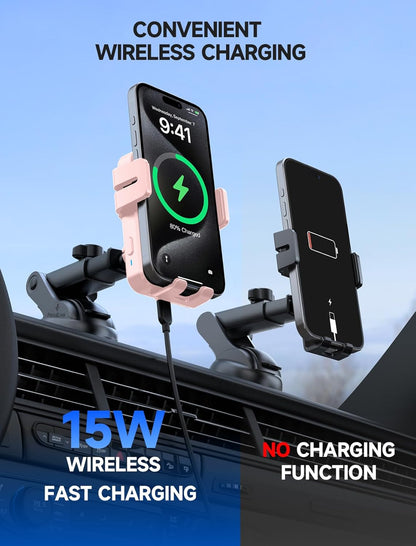 MOKPR Wireless Car Charger, 15W Auto Clamping Car Charger Dash Windshield Air Vent Phone Holder Compatible with iPhone 16 15 14/13/13 Pro/12 pro/12/11/X/8, Samsung S24/S23/S22, Pink