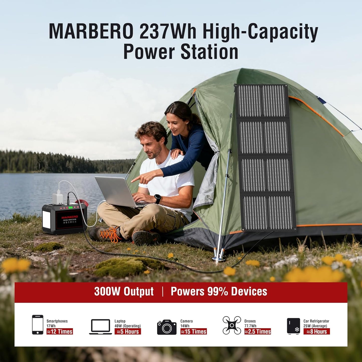 MARBERO 237Wh Solar Generator with Solar Panel Included Portable Power Station 300W Pure Sine Wave with Foldable Solar Panel 60W Set for Camping Outdoor Hiking Fishing Emergency