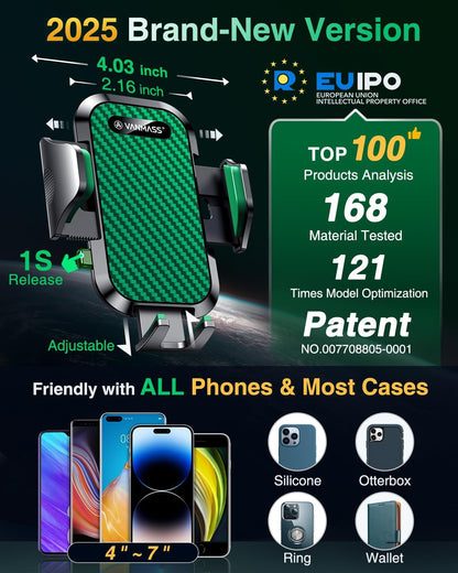 VANMASS Car Phone Holder Mount 2025 Upgraded [Patent Steel-Hook] Car Vent Phone Mount Clip Military-Grade Shockproof Cell Phone Car Mount Handsfree Truck Stand Vent Cradle for iPhone 16 Android,Green