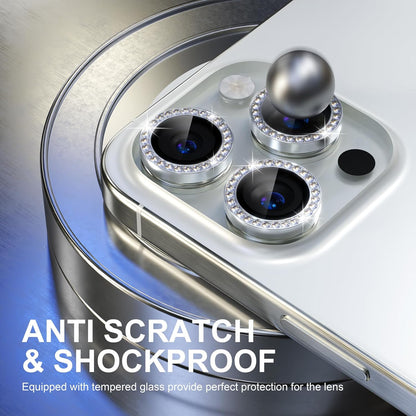 Choiche Compatible for iPhone 15 Pro/iPhone 15 Pro Max Camera Lens Protector Bling, 9H Tempered Glass Camera Cover Screen Protector Metal Ring Decoration Accessories (Diamond-Silver)