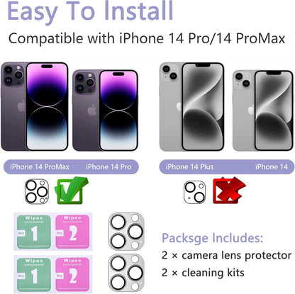 2 Pack Camera Lens Protector for iPhone 14 Pro/iPhone 14 Pro Max,[Not Easy to Breakn ] AR Tempered Glass Strong Adsorption Metal Camera Cover Screen-Silvery